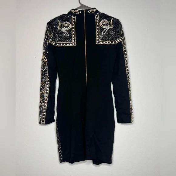 BEBE EMBELLISHMENT BODYCON MINI DRESS LONG SLEEVE BLACK - Picture 6 of 8